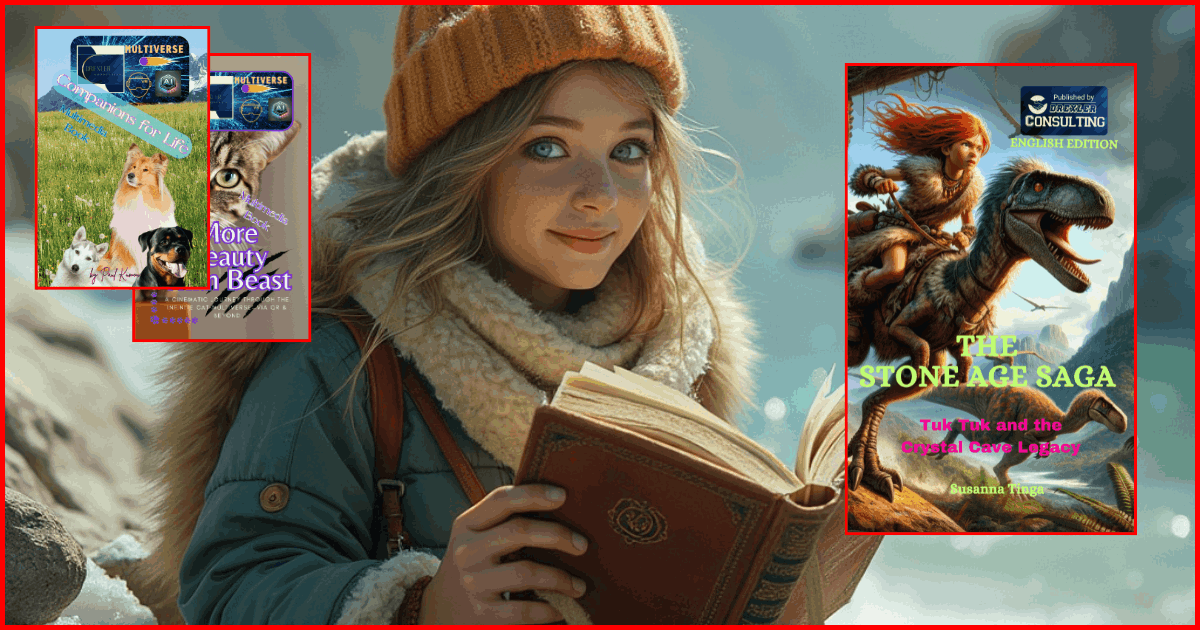 Young woman holding a children’s book, next to Drexler Consulting logo and a selection of illustrated titles
