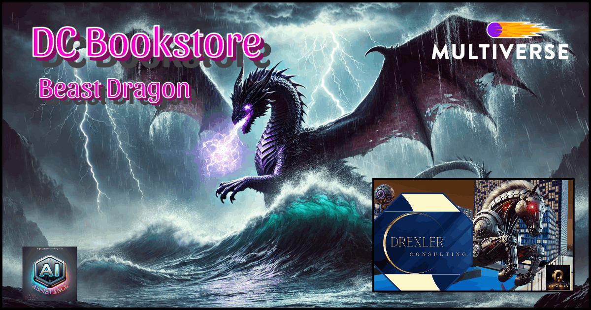 Violet dragon on a stormy cliff firing a plasma beam – DC Bookstore Beast Dragon near the Landmark in the Multiverse Infiniverse explore with Metaquest 3