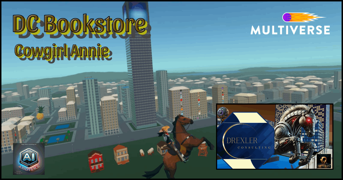 Cowgirl Annie riding a brown horse in rodeo pose – Western Landmark and DC Bookstore Cowgirl Annie in the Multiverse Infiniverse download in Meta Horizon Appstore