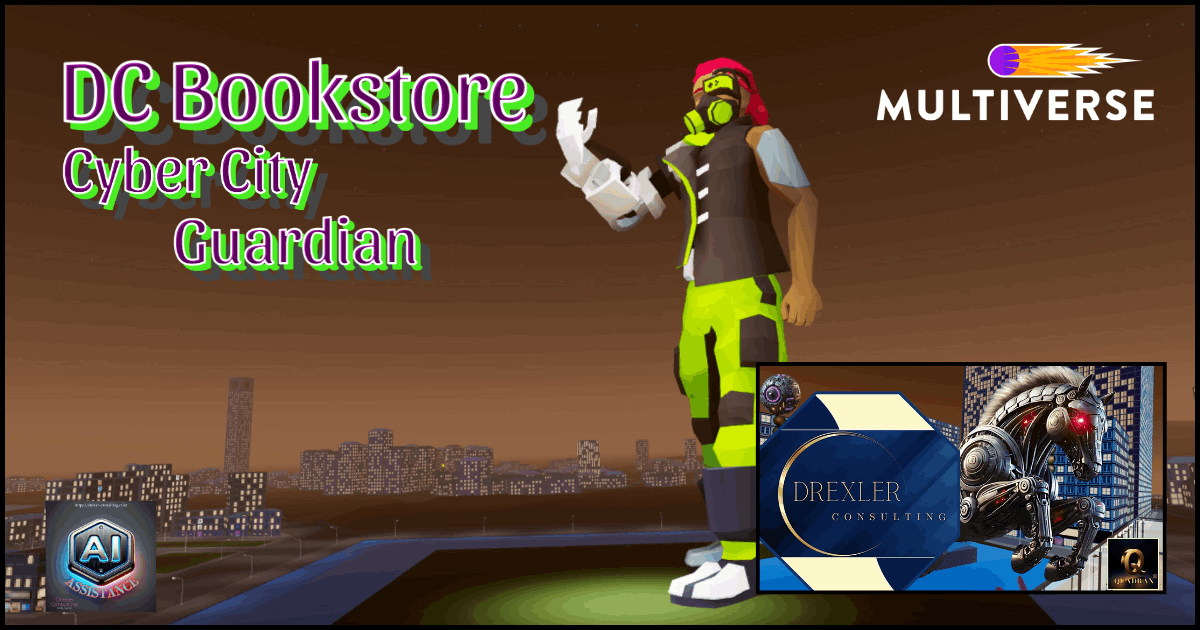 Cyber City Guardian Landmark statue – futuristic VR bookstore and jetpack station in the Multiverse Infiniverse download on Meta Horizon Store and use Metaquest 3s