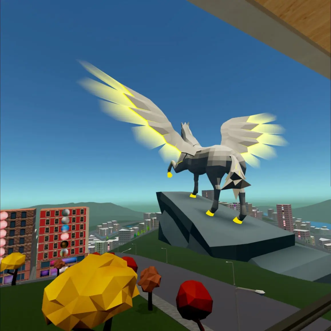 Virtual Reality Multiverse Infiniverse DC Bookstore view to the Pegasus Landmark Statue in Utopia City