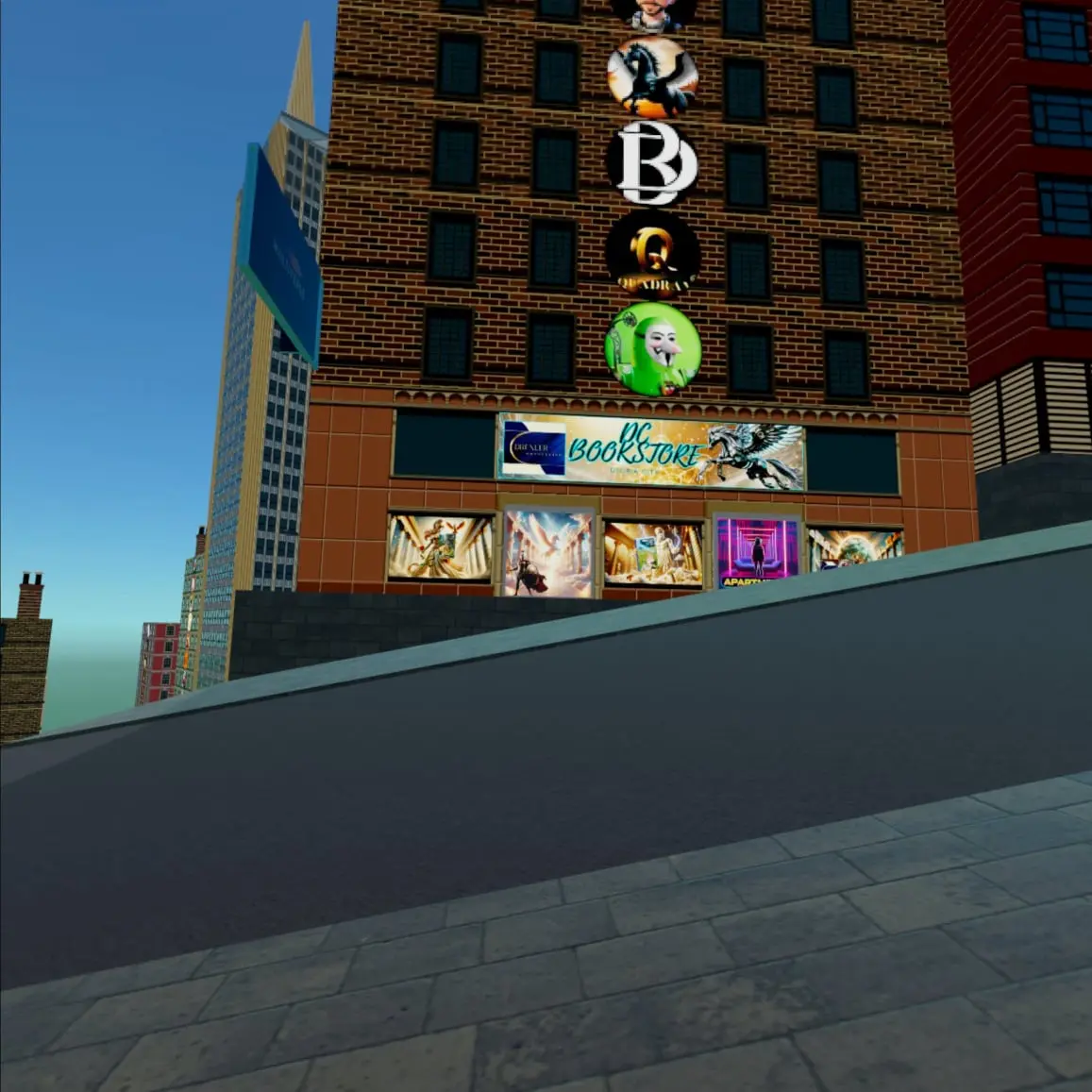 Front View DC Bookstore Peagsus, Utopia City Multiverse Infiniverse Virtual Reality life