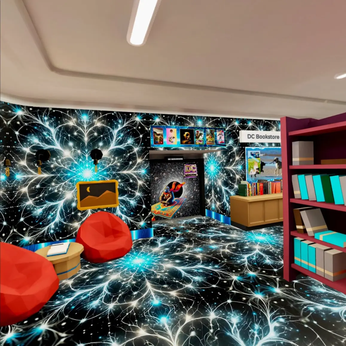 internal View of the DC Bookstore Pegasus Multiverse Storefront, direct view on the Portal Door to the DC Booksotre Library