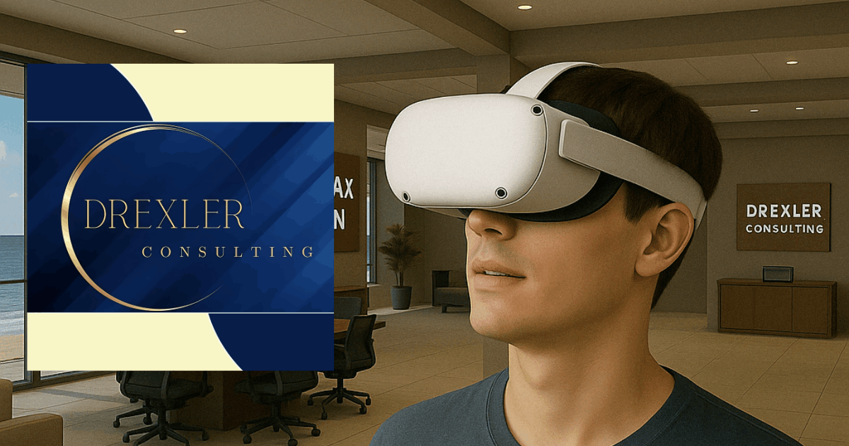 A man wearing a MetaQuest 2 headset stands inside a sleek virtual reality office featuring the Drexler Consulting logo. The scene symbolizes innovation, digital publishing, and immersive interaction in the Multiverse Infiniverse.