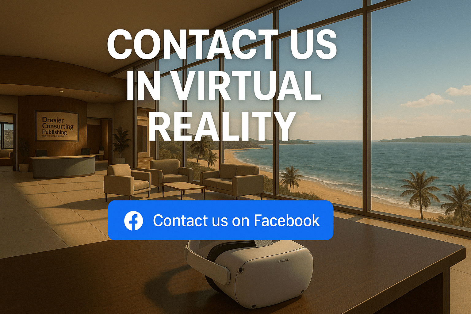 Cinematic view of Drexler Consulting’s Virtual Reality Office inside the Multiverse Infiniverse, featuring a spacious lobby with modern furniture, a MetaQuest VR headset on a desk, and floor-to-ceiling windows overlooking a stunning beach. The image invites users to connect via Facebook for personal VR consultations.
