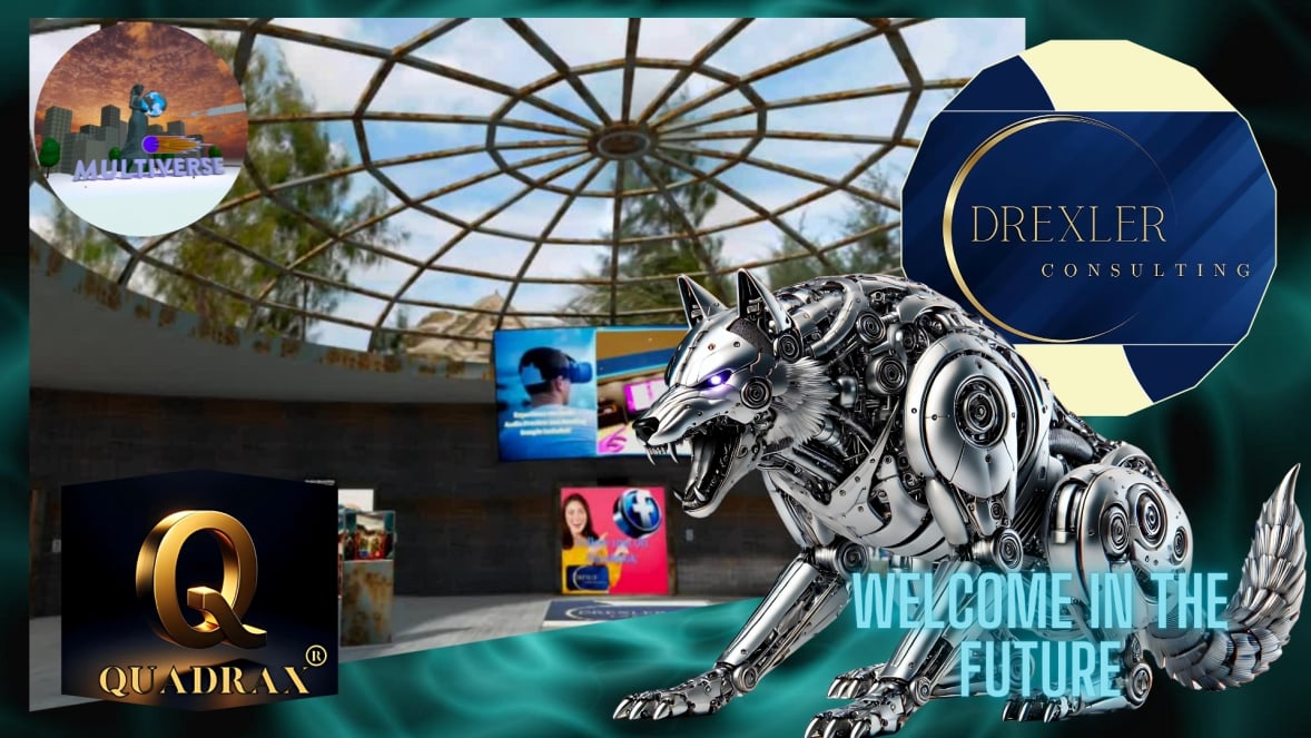 Virtual Reality Office by Drexler Consulting Publishing inside the Multiverse Infiniverse, showcasing a futuristic virtual space with multiple rooms and a stunning beachfront view – visitors can explore the setup and learn more in the video