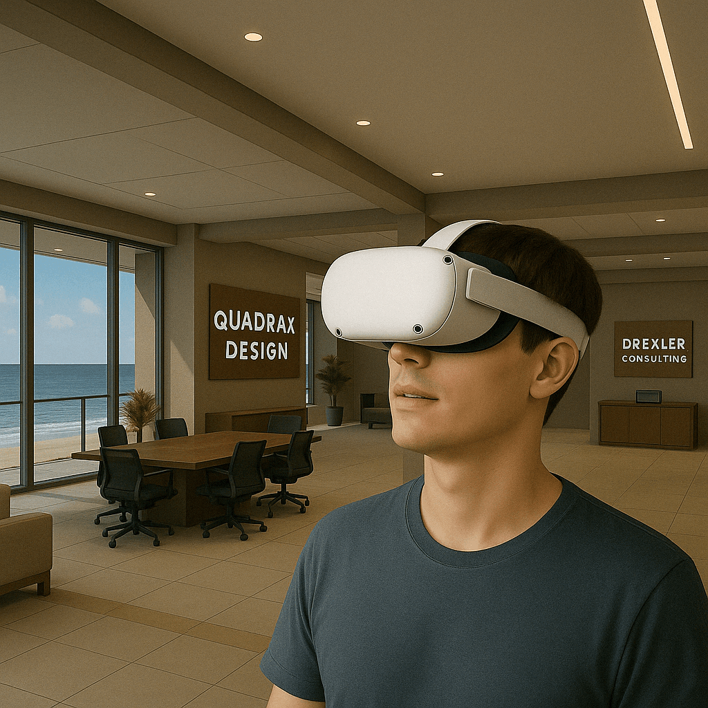 A young man wearing a MetaQuest VR headset explores Drexler Consulting’s virtual office inside the Multiverse Infiniverse. The scene shows a modern interior with beach view, branded signs for Quadrax Design and Drexler Consulting, and a clear focus on immersive virtual reality experience.