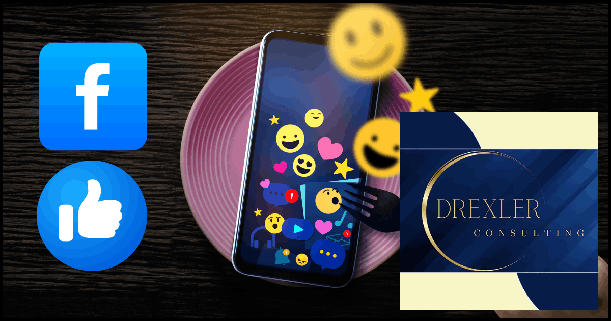 Smartphone screen with Facebook icons and Drexler Consulting logo – connecting authors and readers via social media