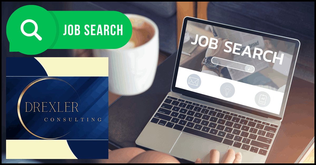 Laptop screen showing job search in browser, hand using the laptop – Drexler Consulting logo visible