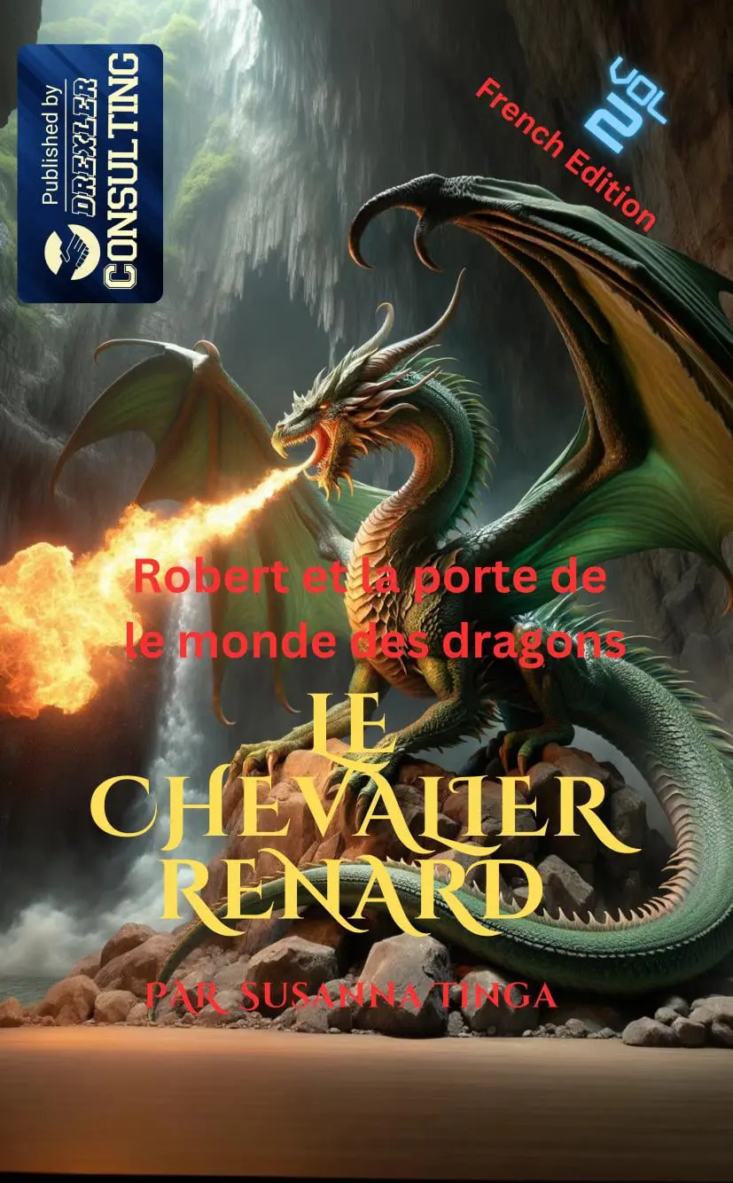 Illustration de 'Le Chevalier Renard 2' avec Robert et Timo devant le portail mystique menant au Monde des Dragons, suite du best-seller pour jeunes lecteurs, disponible en français