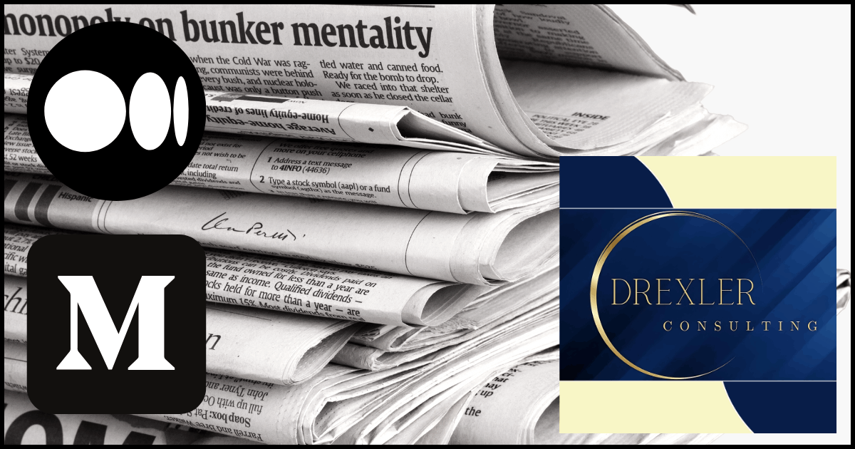 Newspaper article section with Medium logo and Drexler Consulting logo – representing informative publishing insights and VR book marketing on Medium