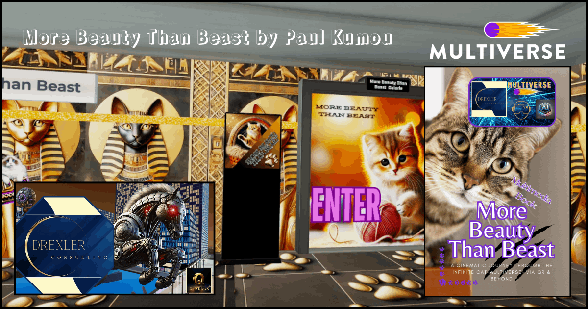 Entrance hall of the virtual VR experience – golden cat statues and temple architecture inspired by ancient Egypt for the book More Beauty than Beast by Paul Kumou and Drexler Consulting VR Publishing