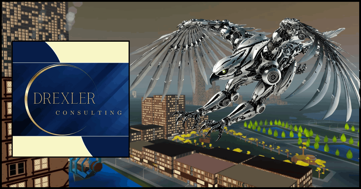 Robotic eagle diving at Drexler Consulting logo – with Quadrax Alpharesidence in the background, Multiverse Infiniverse available on Meta Horizon Store with Metaquest 3