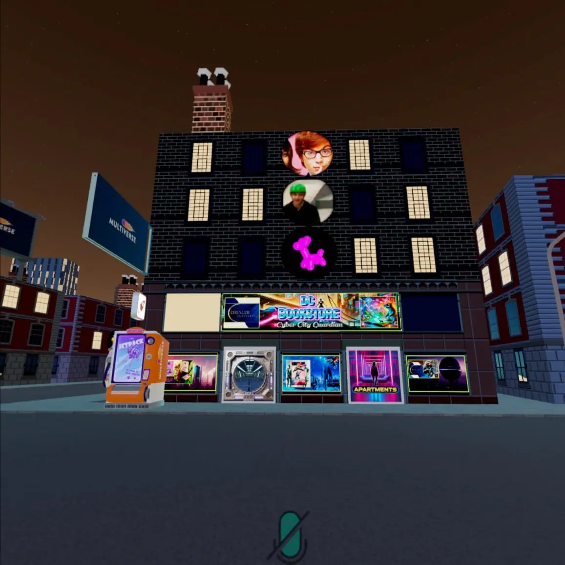 Exterior view of DC Bookstore Cyber City Guardian by Drexler Consulting in Multiverse Infiniverse. A futuristic space for book lovers and VR experiences. 