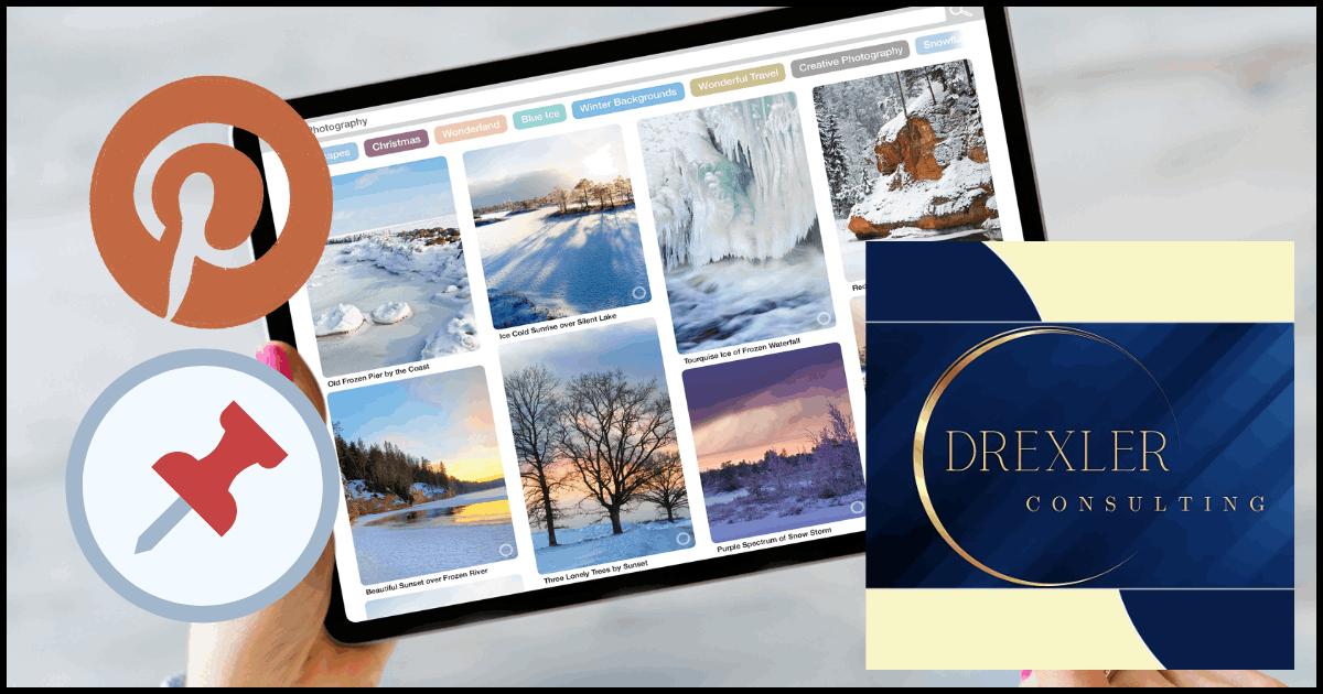 Tablet screen displaying Pinterest pins, with Pinterest logo and Drexler Consulting logo – visual gateway to virtual publishing and VR content