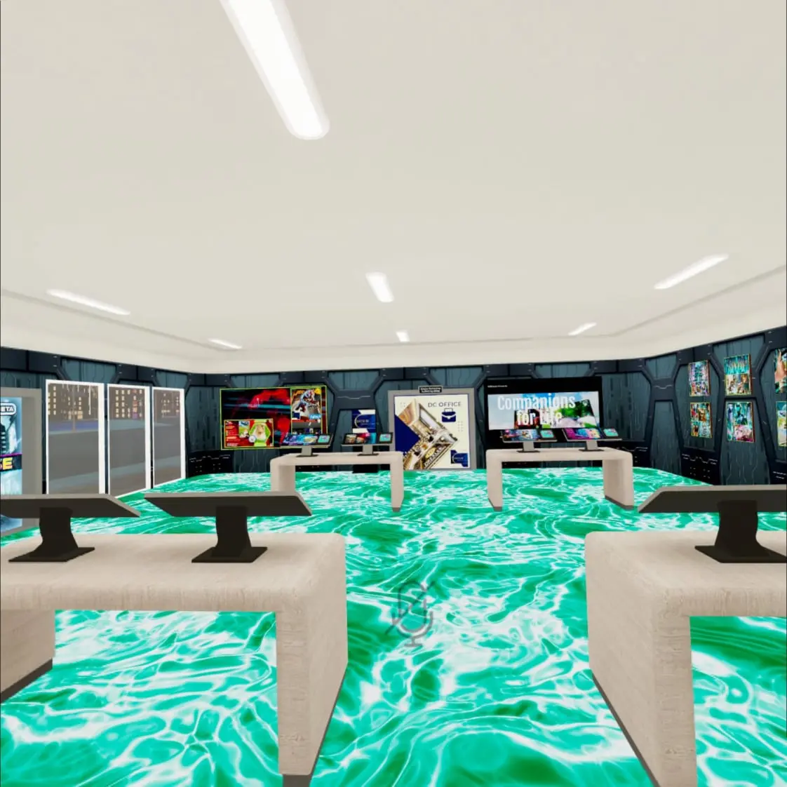 View of the video wall with two shopping terminals inside Multiverse Infiniverse. Experience a next-level virtual bookstore in Cyber City Guardian. 