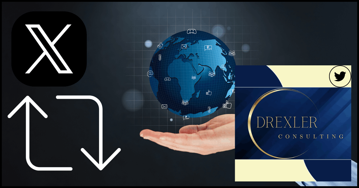 Hand holding a globe with X logo and Drexler Consulting logo – symbol for global communication and virtual publishing innovation