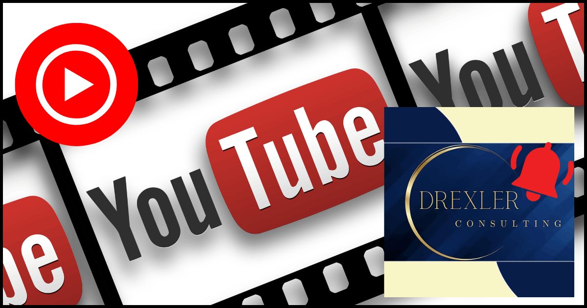 YouTube banner with bell icon and Drexler Consulting logo – official video platform for books and virtual reality content